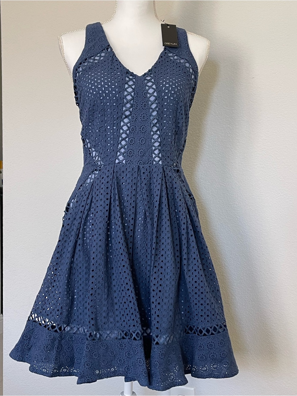 Greylin Navy Blue Eyelet Lace Fit & Flare Dress Size S NWT